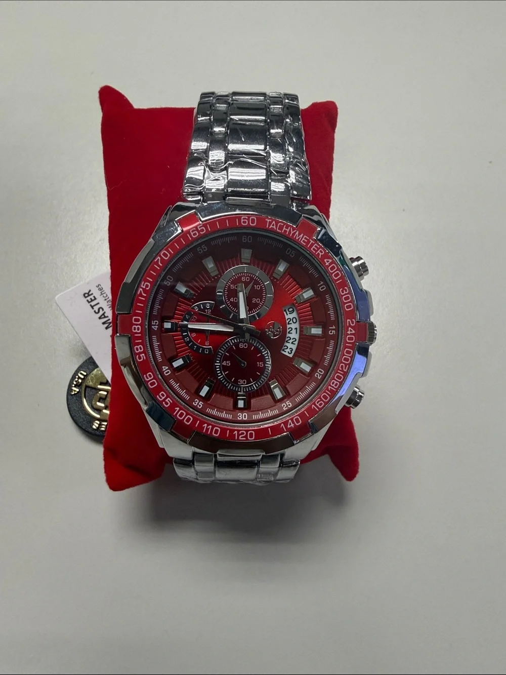 Men's Red Dial Stainless Steel Chronograph Watch